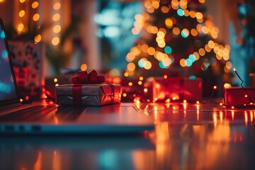 New Year's gift lies on a laptop on the background of a Christmas tree, online holiday shopping concept for New Year and Christmas
