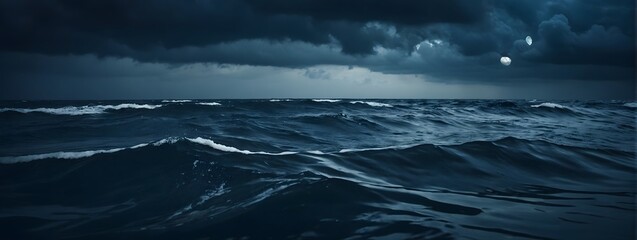 Mysterious Waters, Black and Blue Sky with Haunted Clouds Hovering Over a Scary Ocean, Creating a Gloomy, Depressing Background in a Horror-Themed Scene.