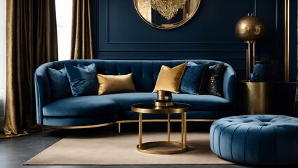 Stylish living room interior composition with velvet blue sofa, golden side table, pouf, pillows and elegant home decor. Dark blue wallpaper. Template. Copy space. 8k,