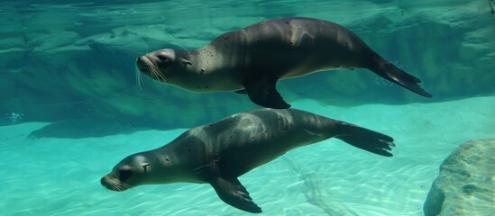 Obraz premium Portrait of a group of Sea Lions swimming underwater in the sea.