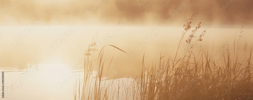 Poster Misty lake view at sunrise in the morning