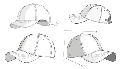 Cap Dad, Baseball Hat Technical Drawing Illustration Blank Streetwear Mock-up Template for Design and Tech Packs CAD Dad Hat