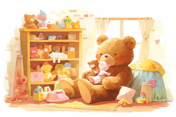 Children's illustration with different toys, happy childhood