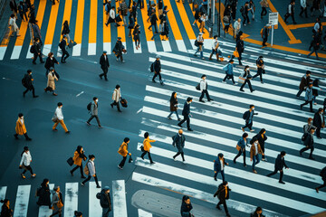 Obraz premium Busy pedestrian crosswalk in Tokyo with people walking in aerial view, Japan urban city scene concept