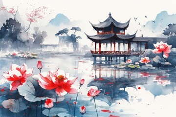 Chinese pavilion near a lake with lotus blooming, classical Chinese painting, illustration