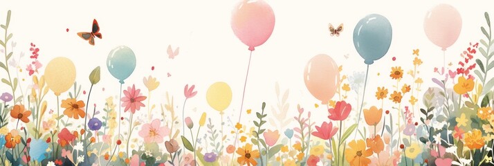 Children's illustration with a beautiful meadow with different wildflowers and colorful balloons, banner
