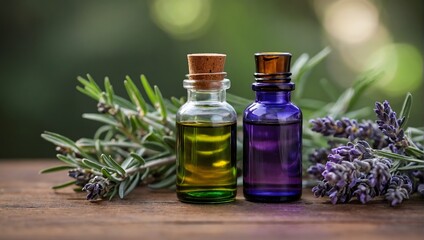 Natural Aromatherapy, Essential Oil Bottles Paired with Fresh Lavender, Peppermint, and Rosemary, Arranged on a Wooden Surface.