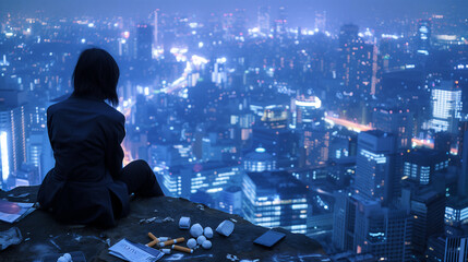 Depressed young Japanese businesswoman in a rumpled suit sits alone on the edge of a high cliff overlooking the sprawling Tokyo cityscape at night