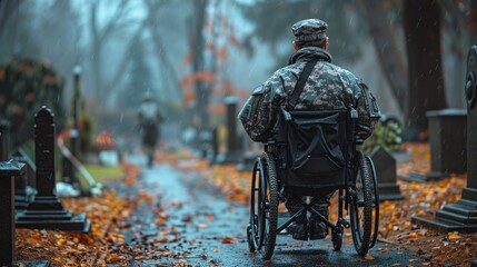 Veteran in wheel chair in a cemetery. Generative AI - Powered by Adobe