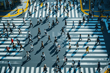 Busy Crosswalk Scene in Tokyo, Japan Aerial View of Crowds of People crossing a bustling Street in the City