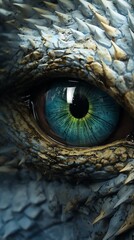 Fototapeta premium Peek into a Dragons introspection in CG 3D rendering, from a unique worms-eye angle Portray its power and majesty with intricate scales and hypnotic eyes