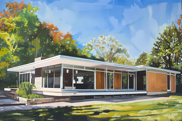 Modernist Style House (Oil Painting) - Originated in Europe in the early 20th century, characterized by a minimalist design with simple forms, industrial materials, and an emphasis on technology