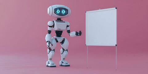 A robot stands in front of a white board on pink background