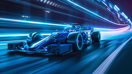 Sleek Formula One Car in Motion with Electric Blue Light Streaks