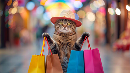 A glamorous cat in a hat on two hind legs walks with bags through the shops of a large shopping center. - obrazy, fototapety, plakaty