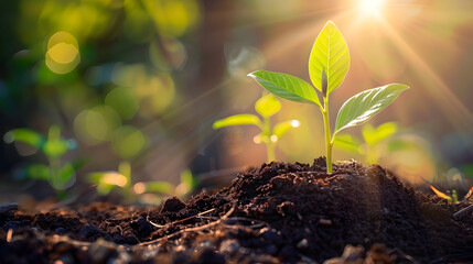 seed to tree, Planting a small plant on a pile of soil green leaves, natural growth on green background with morning sunlight fall concept of agriculture and sustainable plant growth. - Powered by Adobe