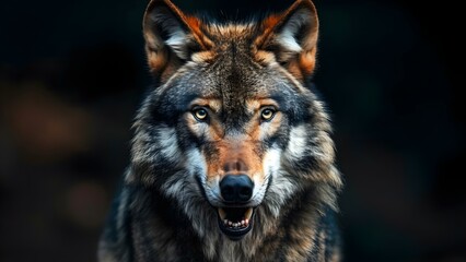 Intense Wolf Gazing at the Camera with Mouth Open on a Solid Background. Concept Wildlife Photography, Intense Expression, Animal Portraits, Nature Backgrounds