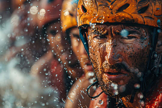 Intense moments captured during a summer rafting competition. Dynamic water splashes and focused athletes. Summer sports and competition concept for design and poster.