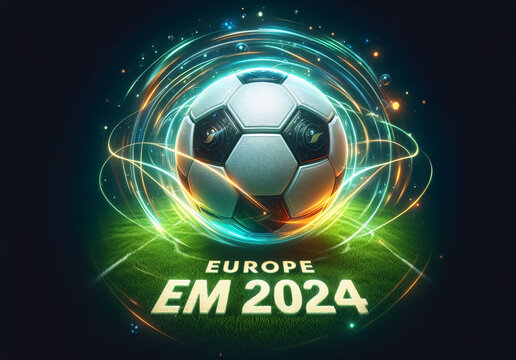 Fu&szlig;ball auf gr&uuml;nem Rasen , der von Lichtspuren umschlungen wird, Aufschrift Europe EM 2024