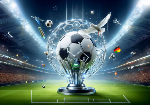 &Uuml;berdimensionaler Pokal in der Mitte eines Fu&szlig;ballfeldes im Stadion