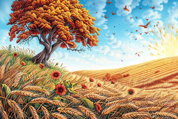 Vibrant tree with colorful leaves over golden wheat field. Panoramic digital illustration of autumn countryside. Nostalgic and peaceful rural life concept. Design for poster, wallpaper, greeting card