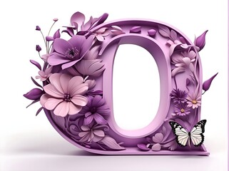 The letter O 3D letter, in a light purple color, with purple flowers and butterflies on the letter, beautiful letter, smooth and clean white background