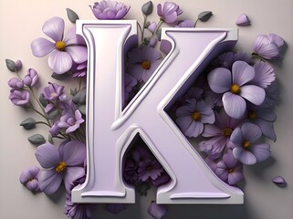 The letter K 3D letter, in a light purple color, with purple flowers and butterflies on the letter, beautiful letter, smooth and clean white background