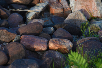 Colorful stones on the riverbank. Round stones on the beach.