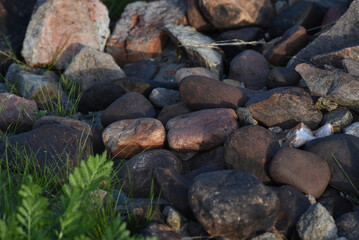 Colorful stones on the riverbank. Round stones on the beach.