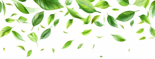 Green leaves are fluttering through the air against a white backdrop, creating a stunning visual of a terrestrial plant in motion