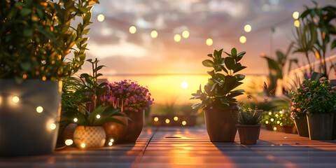 A potted plant on a wooden deck with string lights