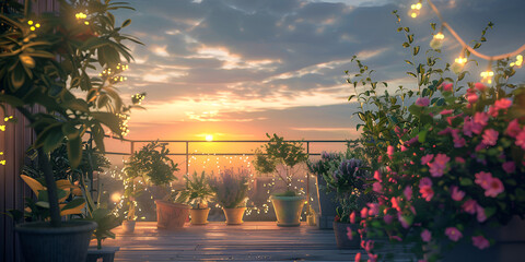 A scenic balcony featuring a variety of lush plants and vibrant flowers