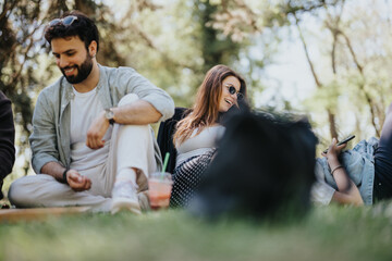 Multiracial group of friends gather in a sunny park, enjoying a carefree day playing backgammon and expressing happiness.