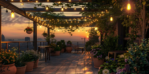 A serene terrace adorned with lush plants and twinkling lights