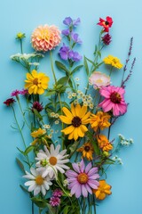 Summer wildflowers arranged on bright vivid background