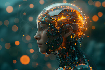 Digital art of a female cyborg with a glowing brain, depicting advanced technology and artificial intelligence AI.
