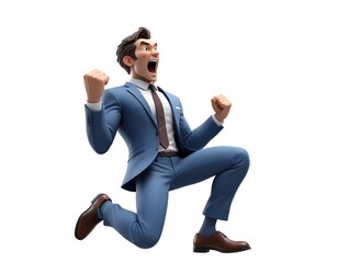 A businessman wearing a suit, jumping excitedly with his fists raised in celebration