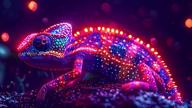Beautiful bright chameleon in neon colors flickering lights in nature. Multicolor glow blue purple beautiful reptile chameleon with bright skin. The concept of disguise and bright skins. Tropical 4k