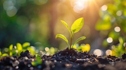 A small green sprout emerges from the soil, with sunlight shining through it, symbolizing new life and growth. 