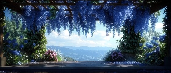 Blue wisteria floral background, best for web, banner, travel, and tranquil background.