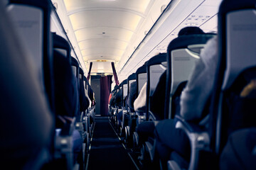 Passengers are sitting and sleeping on the plane. The interior of the aircraft with passengers...
