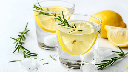 Detox water with lemon and rosemary in a glass on white background ai generative