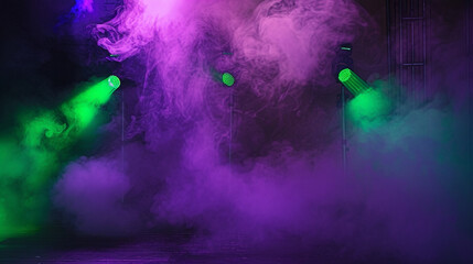 A stage bathed in neon violet smoke under a lime green spotlight, creating a vibrant, energetic atmosphere.