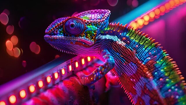 Beautiful bright chameleon in neon colors flickering lights in nature. Multicolor glow blue purple beautiful reptile chameleon with bright skin. The concept of disguise and bright skins. Tropical 4k