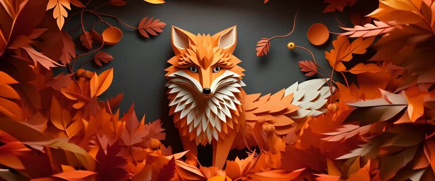 3D-rendered paper-cut of a fox hidden in autumn leaves, minimalist forest background, realistic textures, - Powered by Adobe