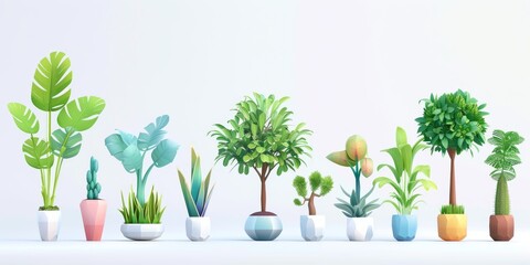 A range of houseplants in flowerpots line a table against a white backdrop, creating a vibrant urban design with a mix of trees, grass, and terrestrial plants