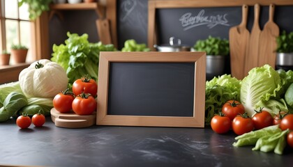 A wooden chalkboard frame on a table surrounded by fresh vegetables with a blurred background suggesting a kitchen setting. - Powered by Adobe