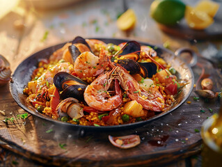 A plate of Spanish seafood paella, served on a wooden table. Beautiful morning light.  