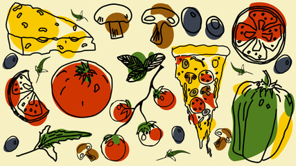 A hand-drawn sketch of a pizza theme, colored with uneven strokes. Vector illustration isolated on a light background
