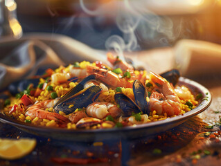 A plate of Spanish seafood paella, served on a wooden table. Beautiful morning light.   - Powered by Adobe